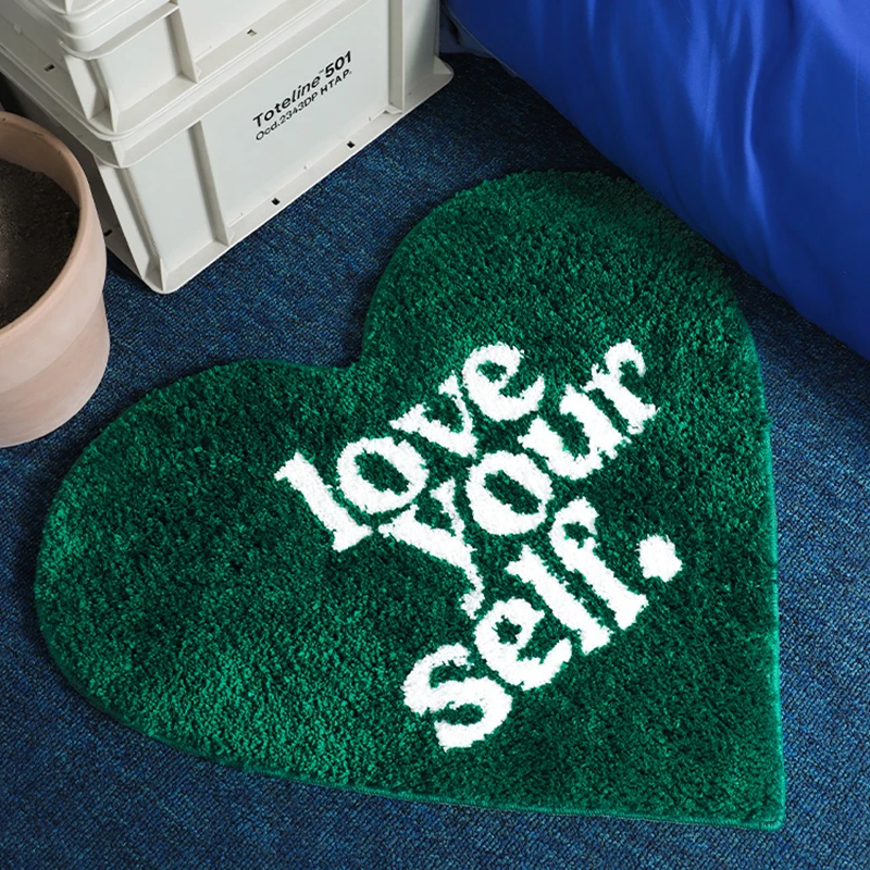 

Green Tufting Heart Bedroom Rug Fluffy Letters Message Carpet Living Area Foot Pad Kids Room Doormat Aesthetic Home Warm Decor