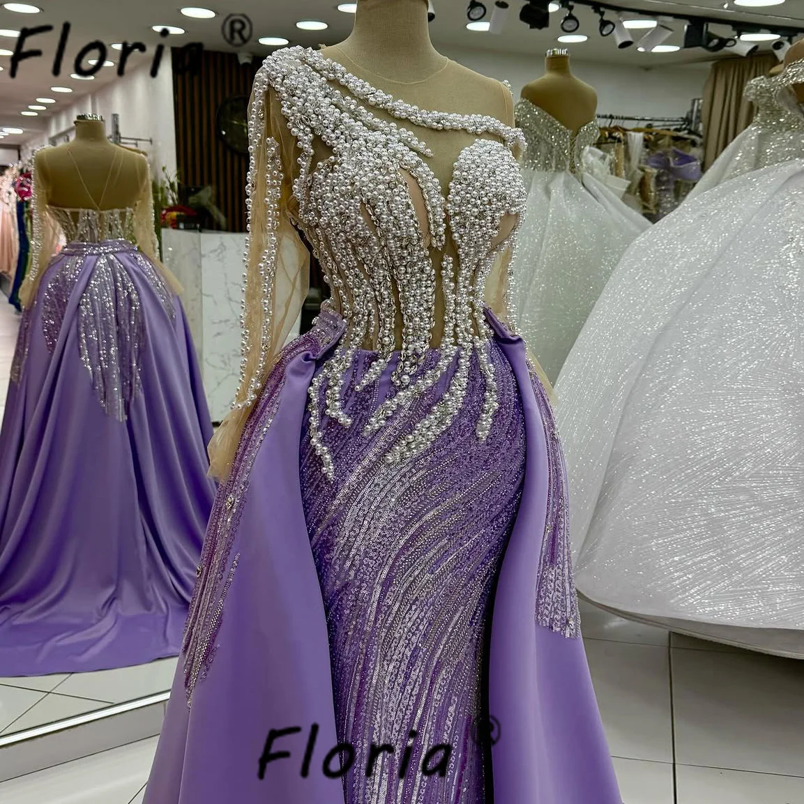 Luxury Dubai Purple Mermaid Evening Dress with Detachable Train Heavy Beads Pearls Wedding Party Gowns Customized Vestidos gala