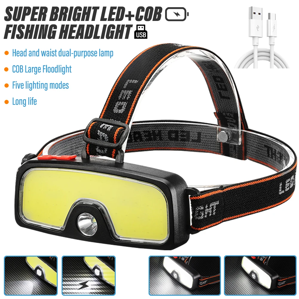 Linterna frontal LED COB superbrillante para pesca, linterna recargable, reflector para exteriores, luz de trabajo portátil con reflector grande COB