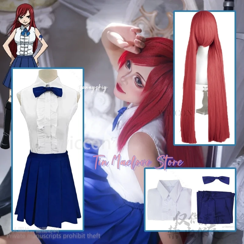 

Erza Scarlet Cosplay Anime FAIRY Costume JK School Uniform Sleeveless Shirts Blue Gradient Dress Y2K Lolita Tattoo Halloween Cos