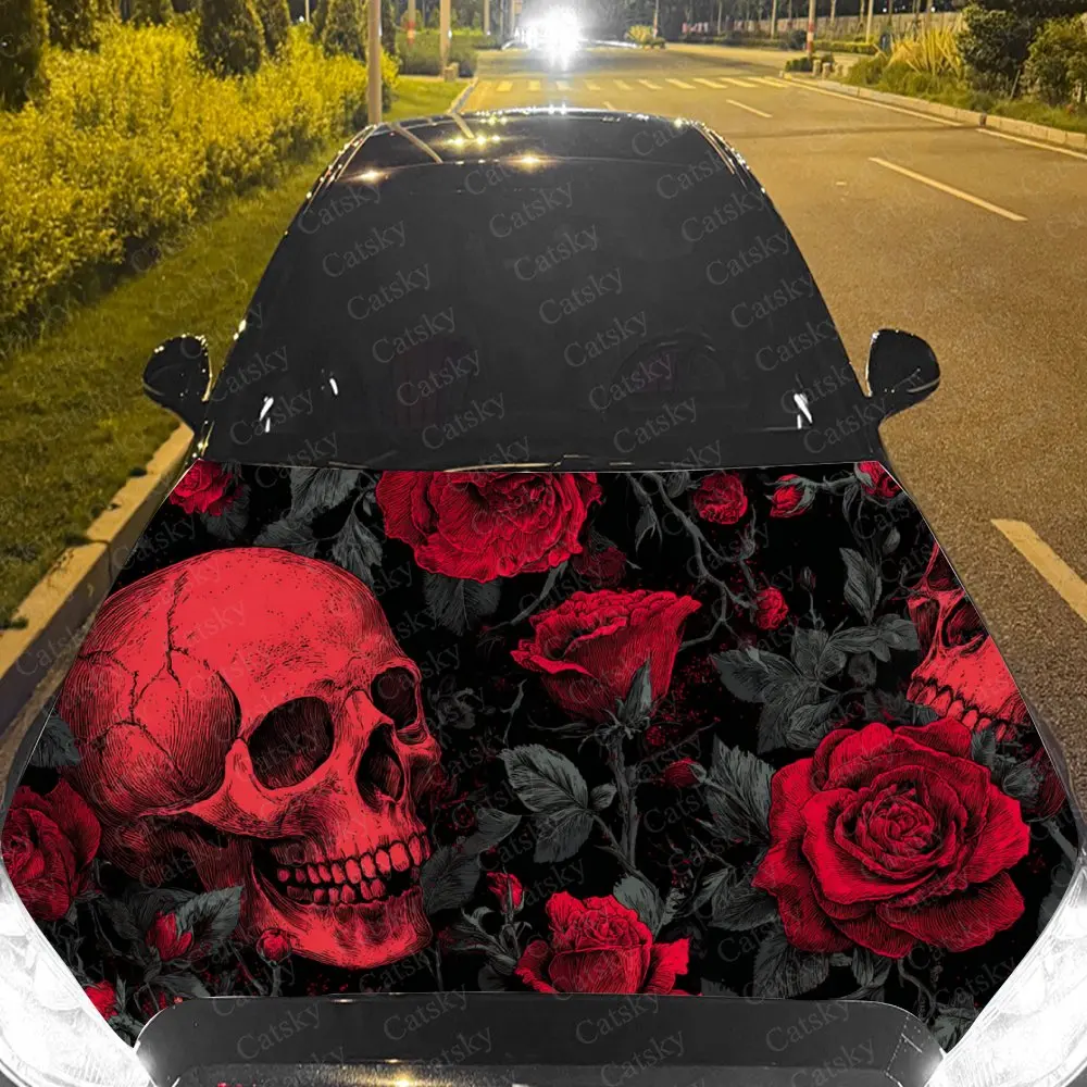 

Car Decal Artistic Fusion of Red Skulls and Red Rose Elements in Dark Gothic Style Car Hood Sticker, Waterproof Self - Adhesive