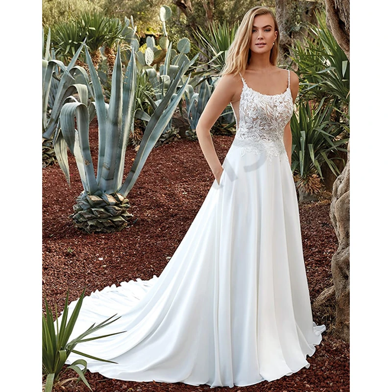 Hochzeit Kleid Sexy Braut Vestido Chiffon Scoop Kragen Spaghetti Appliques Perlen Durchsichtig Robe De Mariee AIXISI 2022