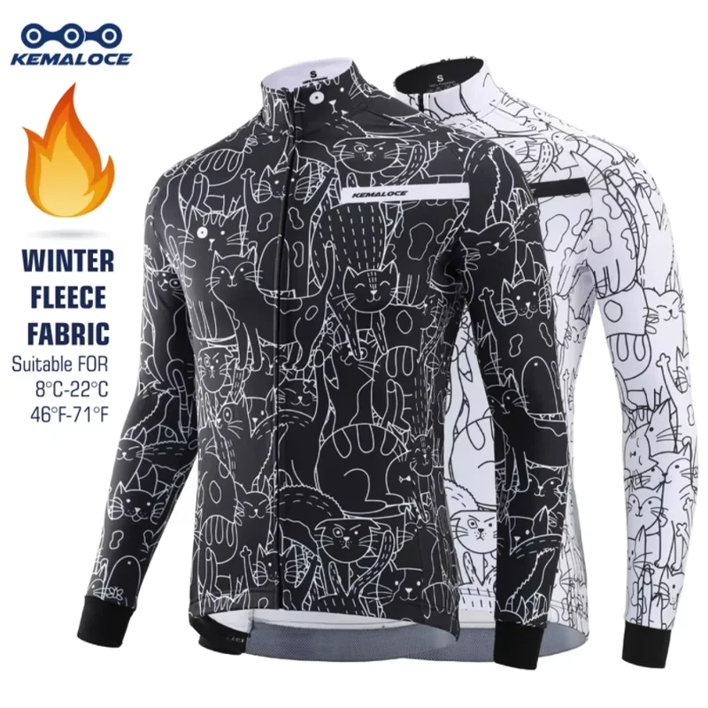 Autumn Winter Windproof Wool Cycling Clothes Men Long Sleeve Cycling Pants Cute Cartoon Fleece Road Mountain Bike Ride Equipment