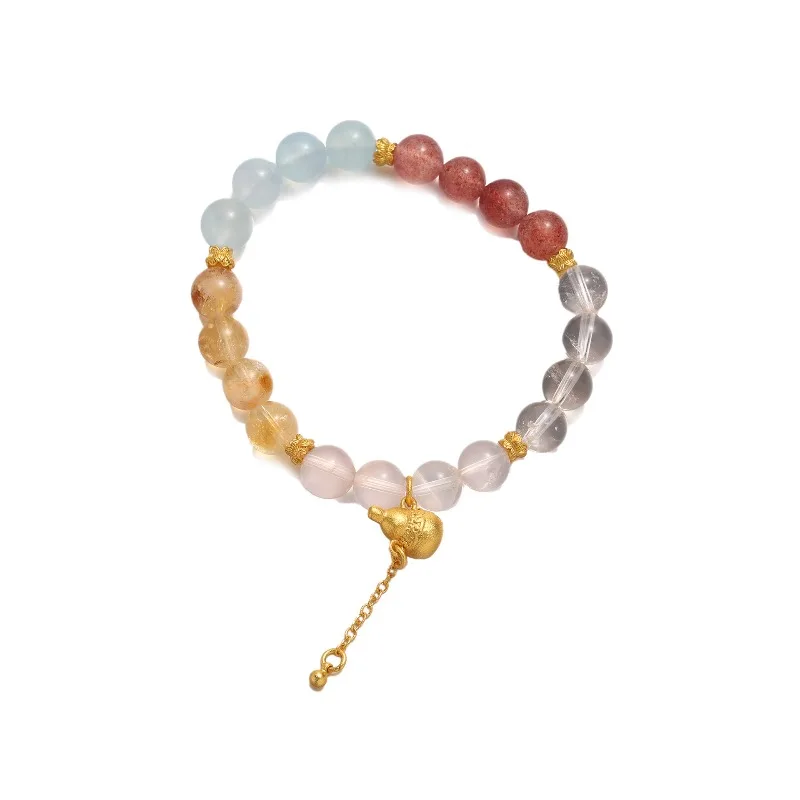 Chinese Natural Multi Gemstone Crystal Lucky Bracelet 8mm Blue Yellow White Strawberry Quartz Copper Gourd Charm Bangle Gifts