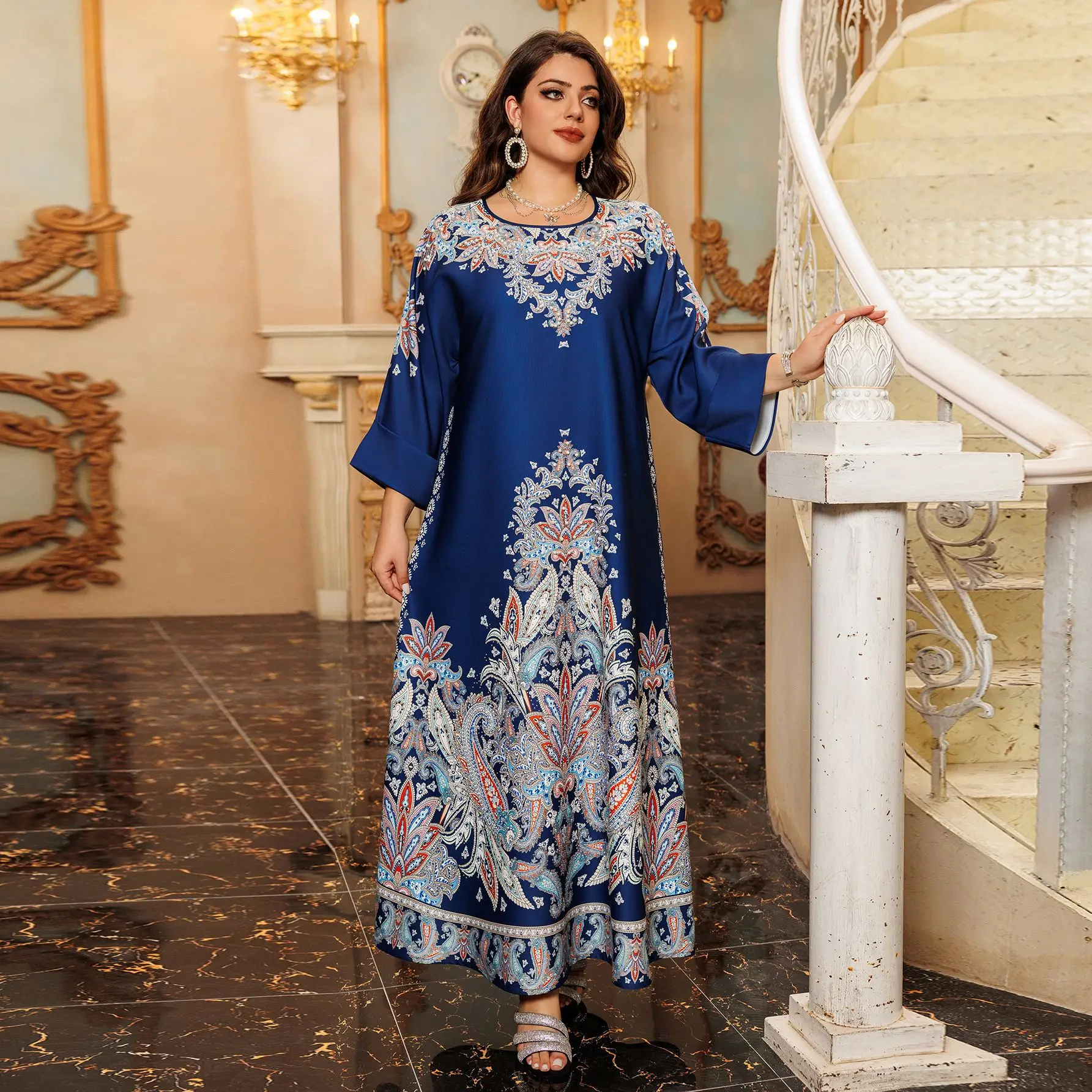 Robe musulmane de luxe pour femmes, mode islamique, Ramadan, moyen-orient, Dubaï, arabe, fleur de positionnement imprimée, diamant chaud