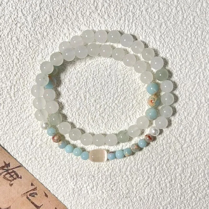 Imitation Tianshan Cui Shoushan Stone Retro Chinese Double Loop Beaded Bracelet