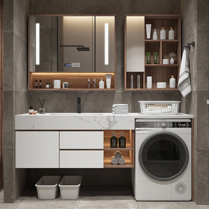 Modern simple bathroom cabinet,washing machine cabinet,washbasin integrated combination bathroom, rock slab solid wood washbasin