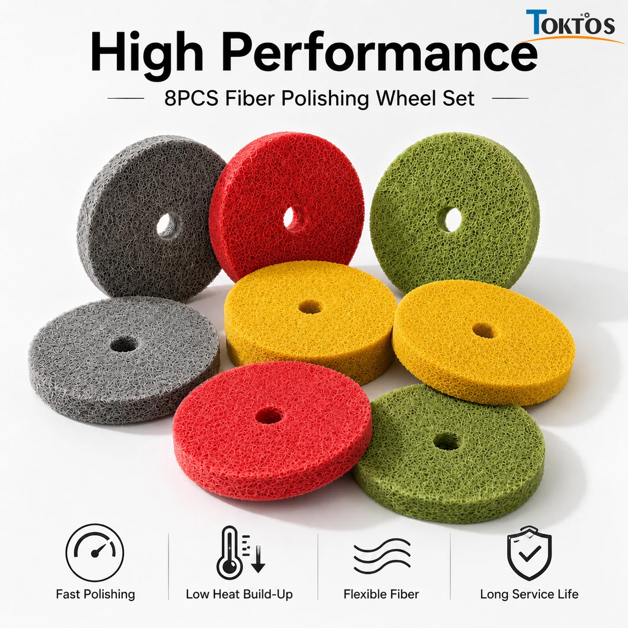 TOKTOS 8PCS 3 Inch Fiber Polishing Wheel Set 75mm Non Woven Nylon Buffing Disc for Jewelry Metal Grinding Finishing Tool