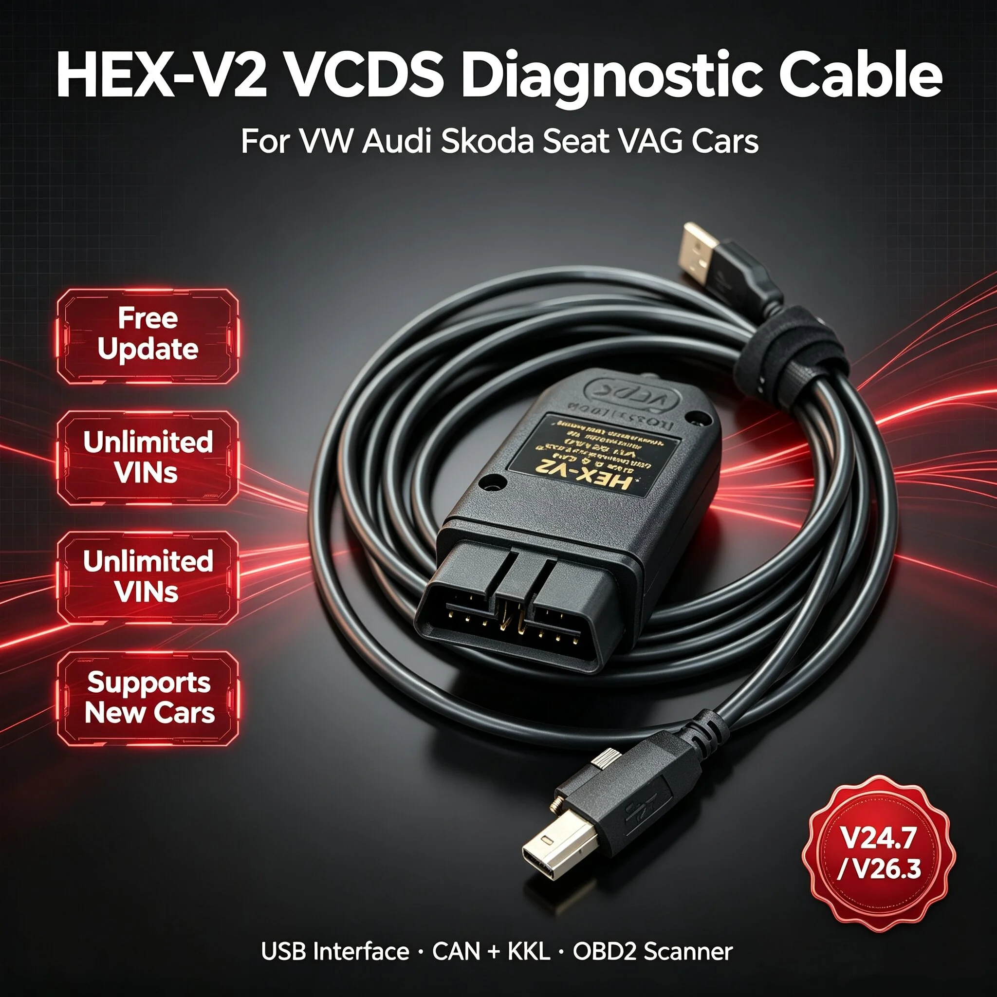 HEX-V2 VCDS VAGCOM V26.3 STM412 Chip OBD2 Scanner Unlimited VIN Free Online Update Car Diagnostic Cable For VW Audi Skoda Seat