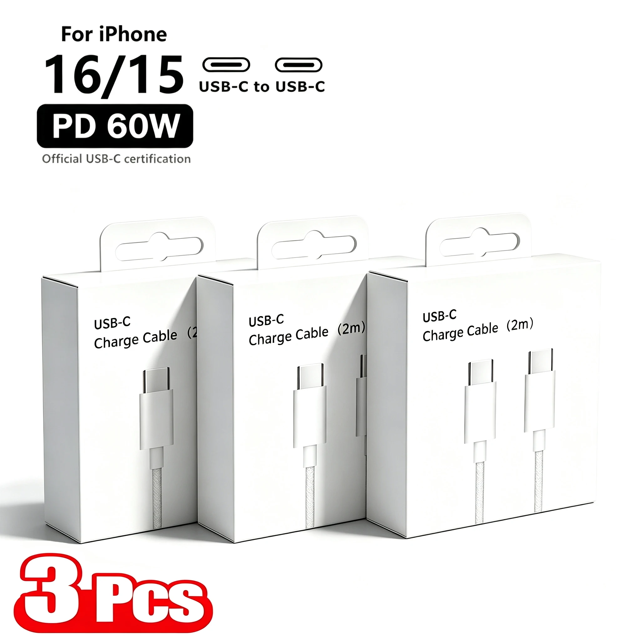 3 Cabos USB Tipo C para C de 60W (1m e 2m) para iPhone 15 16 17 Pro Max, iPad, Samsung, Vivo - Carregador de Dados PD 60W com Carregamento Rápido Original USBC