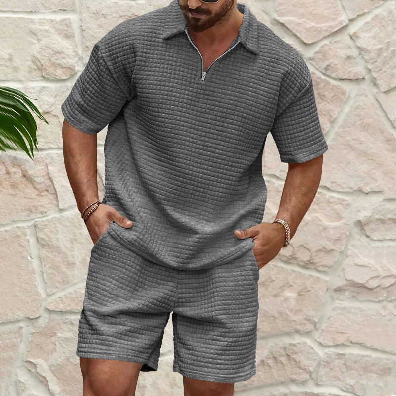 Men\'s solid color small checkered short-sleeved shorts set semi-cardigan zipper short-sleeved shirt suitable for summer leisure