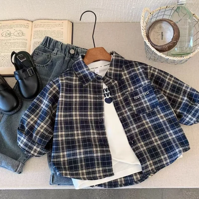 Kids' Korean Style Long Sleeve Plaid Shirt Spring Autumn Stylish Casual Wear for Baby Boys Girls Cotton