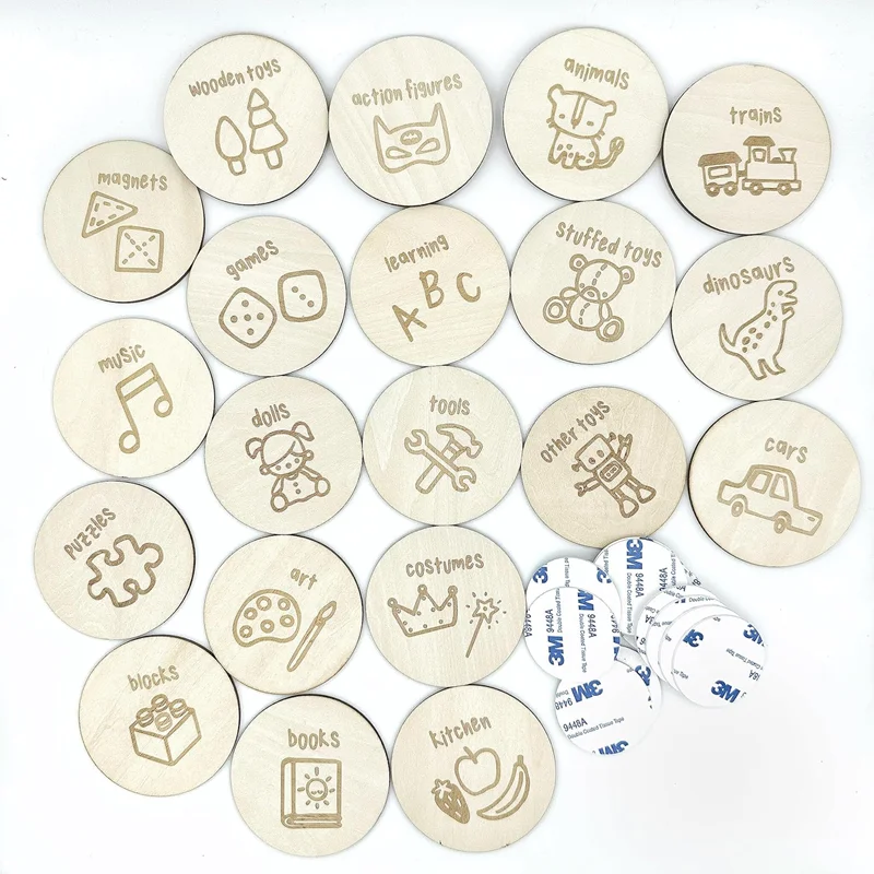 Étiquettes de rangement de jouets en bois, 20 étiquettes uniques de trofast en bois, Organization de la maison, salle de jeux, décoration de chambre à coucher, étiquette Montessori