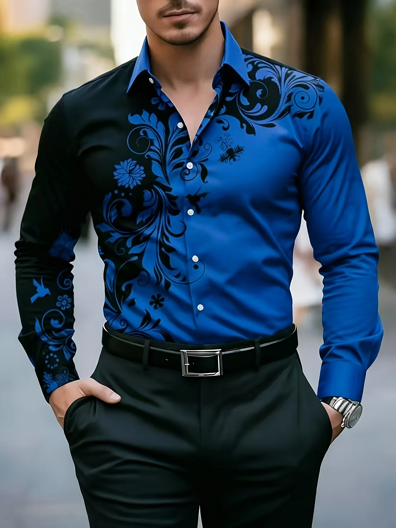 Men Red Black Baroque Floral Splice Print Long Sleeve Shirt Lapel Collar Button‑Up Polyester Party Blouse