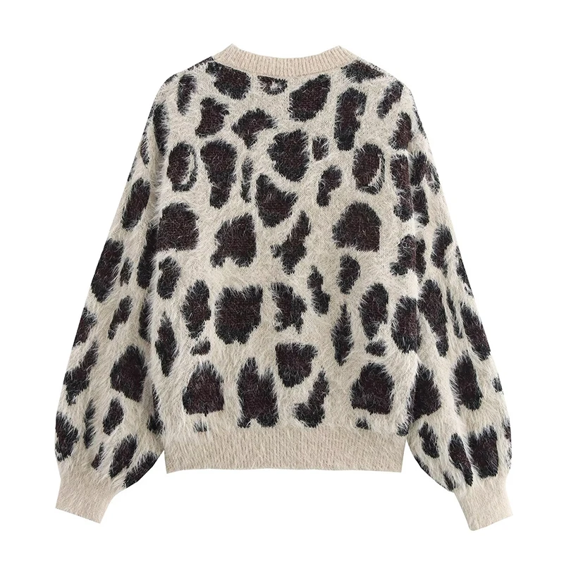 Casual Leopard Print O-Neck Loose Sweater Pullover Tops Long Sleeve Women Fashion Office Lady Clothing Winter Warm Sweater