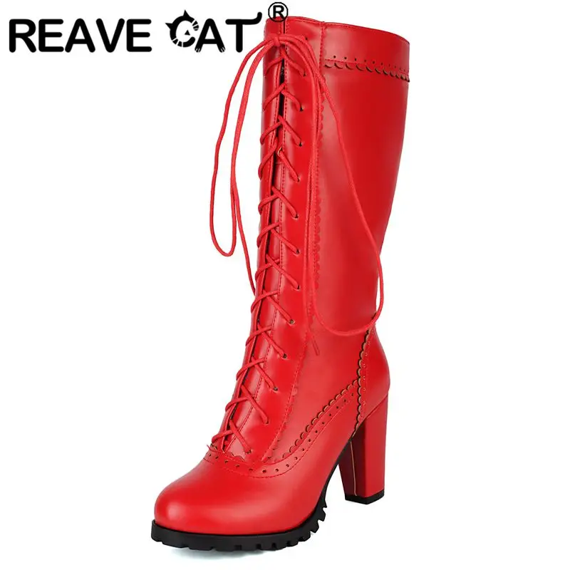 

REAVE CAT 2025 Сладкие женские сапоги до середины икры с круглым носком на блочном каблуке 8,5 см на молнии на шнуровке Большой размер 45 46 47 48 Fashion Dating Bota
