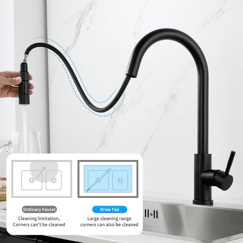Black Kitchen Faucet Two Function Single Handle Pull Out Mixer  Hot and Cold Water Taps Deck Mounted