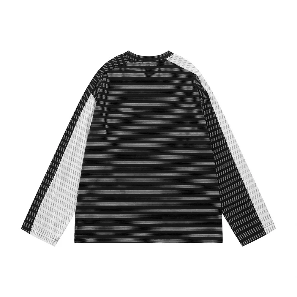 MWJLPWQ Irregular Color-Blocked Striped Long-Sleeve T-Shirt For Men Loose Casual Spring Autumn Trendy Round Collar Tops 20830