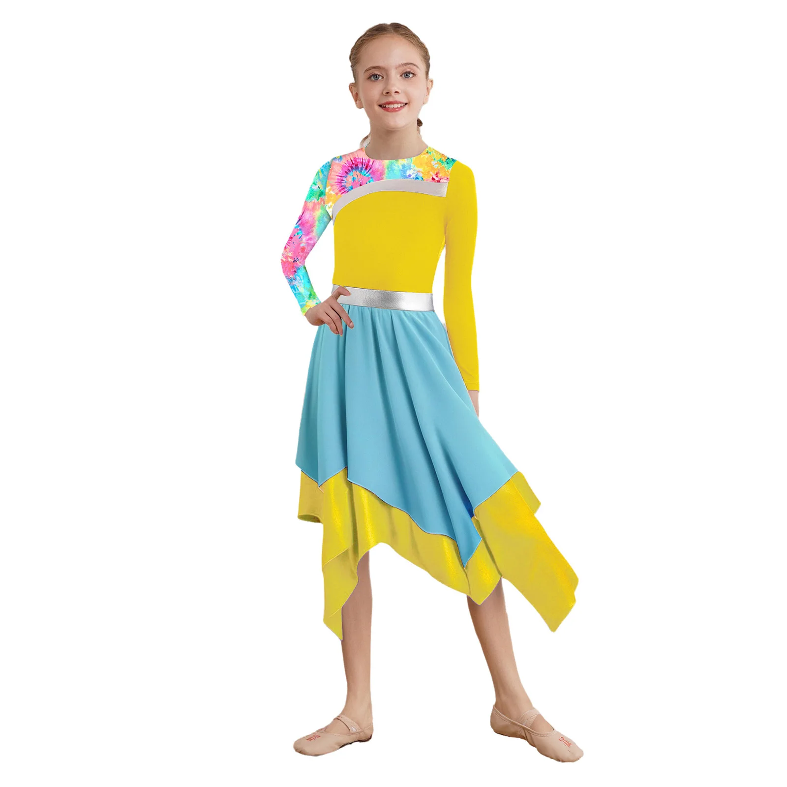 

Kids Girls Modern Praise Dance Gown Stylish Print Asymmetrical Hemline Elegant Long Sleeve Dress Lyrical Liturgical Dancewear