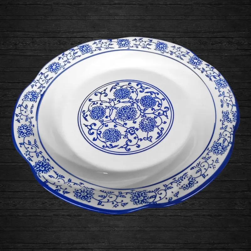 จานผัดลายครามสีน้ำเงินขาวสไตล์จีนโบราณ จานน้ำดอกบัว จานเย็น
