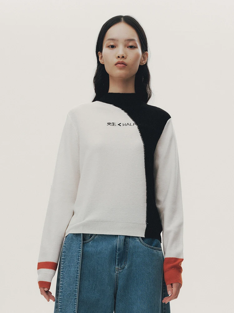 

Женская вязаная шерстяная кофта с вышивкой в стиле пэчворк, черно-белая, для повседневной носки, с длинными рукавами, круглым вырезом