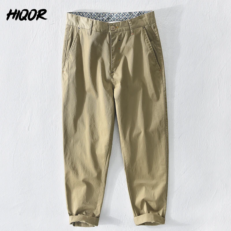 HIQOR-pantalones de algodón 100% para hombre, pantalón informal ajustado de Color sólido, clásico, de negocios, de alta calidad, para primavera y