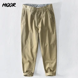 HIQOR-pantalones de algodón 100% para hombre, pantalón informal ajustado de Color sólido, clásico, de negocios, de alta calidad, para primavera y verano