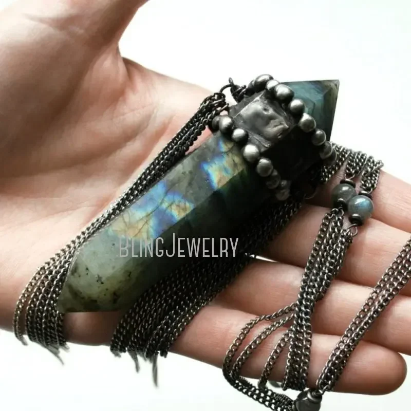 

10pcs Labradorite Crystal Talisman Witch Wicca Goth Gothic Necklace Women Arcane Collar Boho Pendulum Stone Statement Jewelry