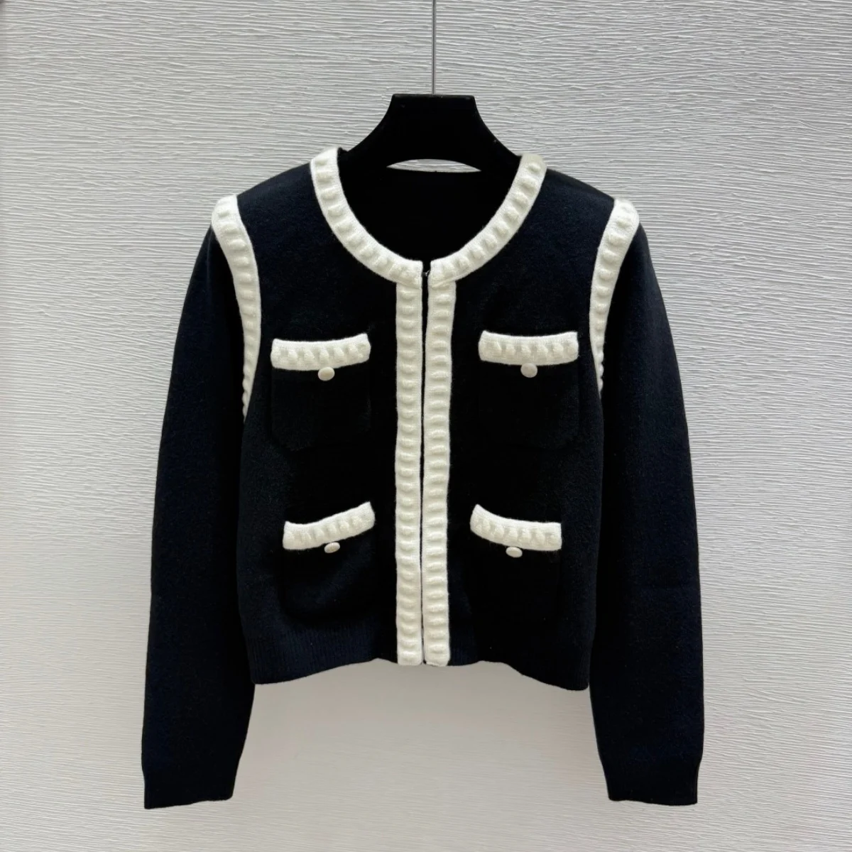 2026 High quality women's cross color black fungus edge knitted cardigan--26916137