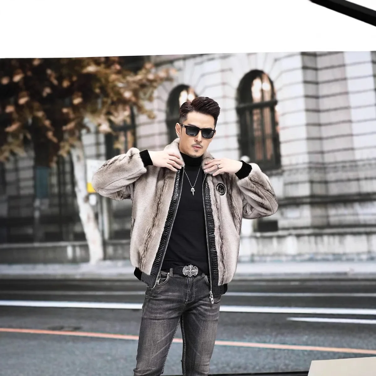 

Men Zipper Cardigan Spliced Faux Leather Long Sleeve Jackets Turn Down Collar Coat Long Sleeve High Street 2025 Autumn New Slim