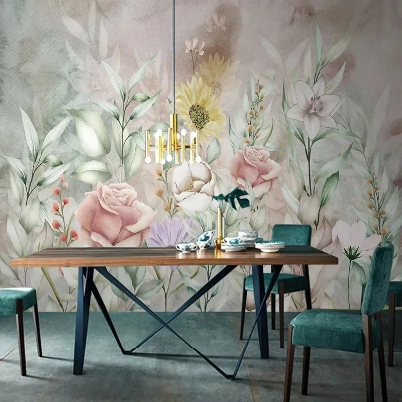 Fresh Mural Wallpaper 3D Idyllic Floral Watercolor Hand Painted Retro Wardrobe Background Wall Mural Papel De Parede Tapety