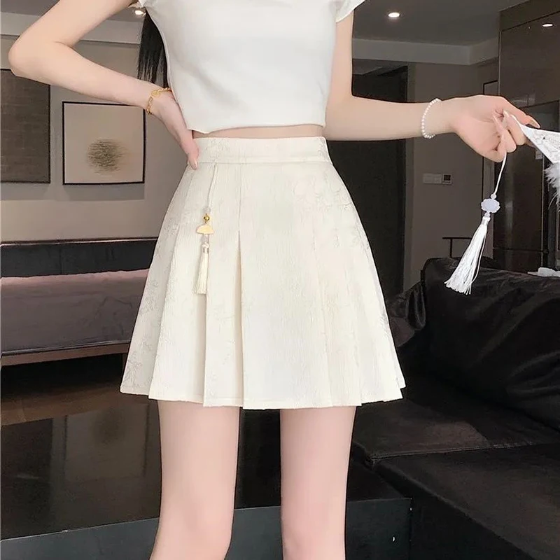 2024 New Chinese Style Jacquard Horse Face Summer Short Skirt High Waist Slimming Pleated Skirt Plus Size Versatile Skirt ﻿