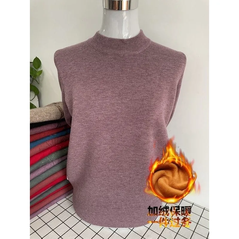 Elderly Women Half Turtleneck Sweater Winter Fleece Lined Plus Size Soft Warm Mother Knit Base Top