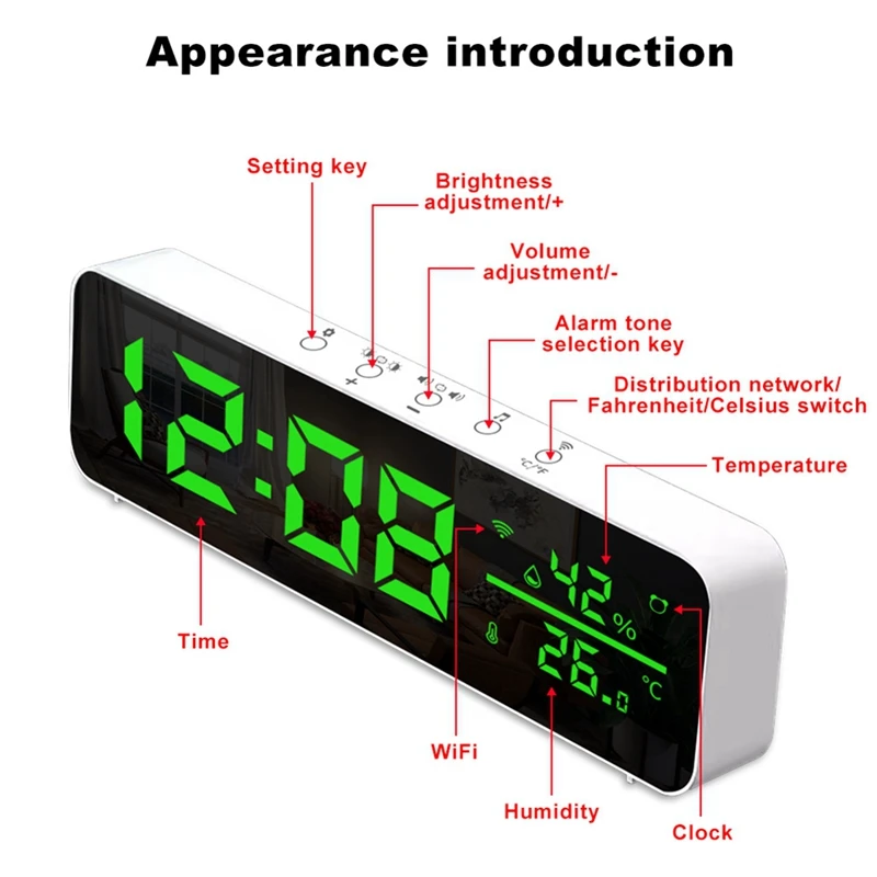 Tuya Wifi Temperature And Humidity Alarm Clock Multi-Function LED Digital Clock For Living Room, Farmhouse, Office