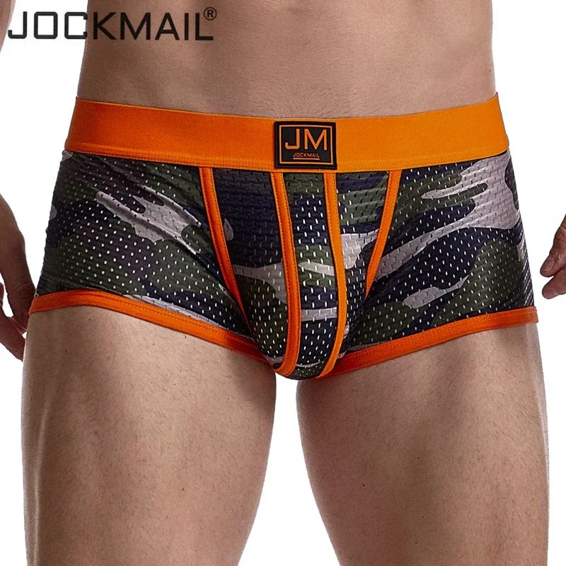 JOCKMAIL mężczyźni bokserki sexy bielizna męska cueca boxer mężczyźni kamuflaż Mesh szorty odzież męska bokserki Fitness elastyczne kalesony