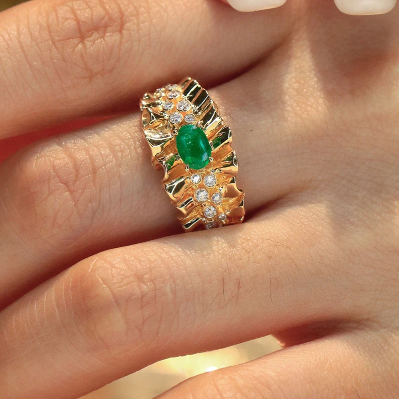 Aazuo Real18K Solid Yellow Gold Natrual Emerald Ruby Diamonds Rings Simple Style Delicate Trendy Fine Gifts Jewelry For Woman