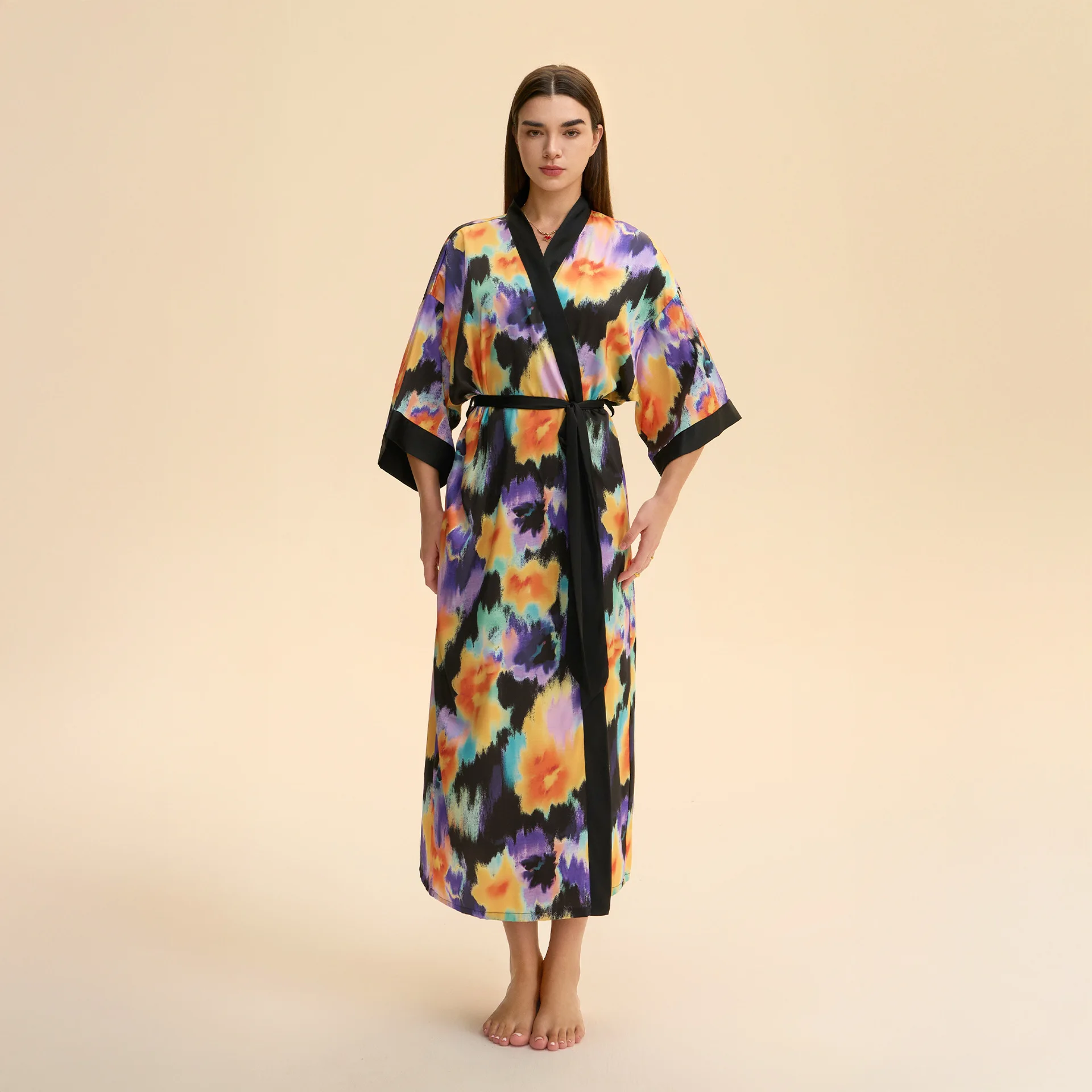 Spring Summrer Female Long Robe Sleepwear Print Kimono Bathrobe Gown Half Sleeve Nightgown Loose Satin Home Dress Lounge Wear 5