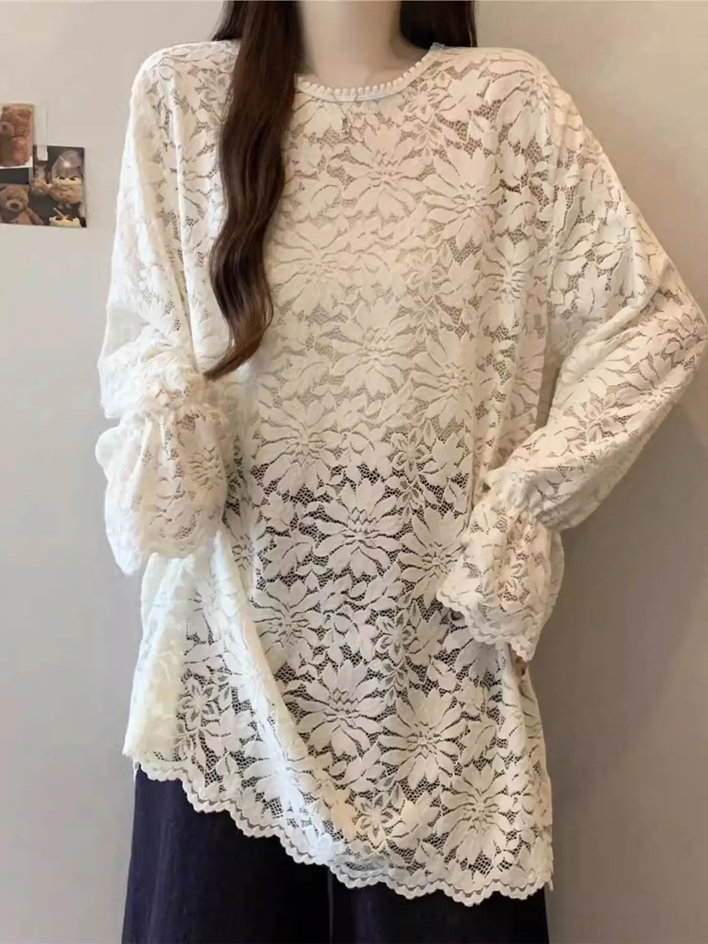 

Женская кружевная футболка Long Sve, весна 2026, большие размеры Bell Sve, повседневный топ средней длины с круглым вырезом для женщин