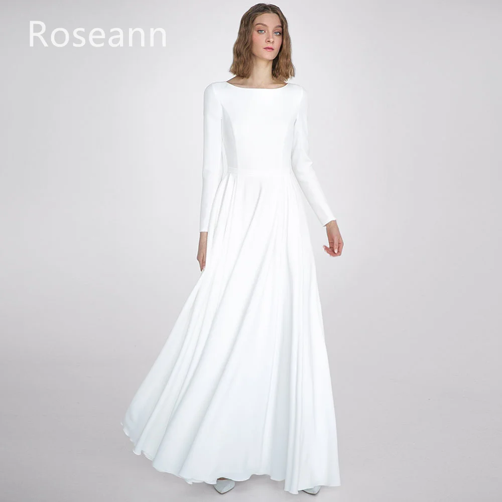 Customized Muslim Ivory High Quality A-line Wedding Dresses Draped Pleat O-Neck Satin Full Brideing Gown robe de mariée