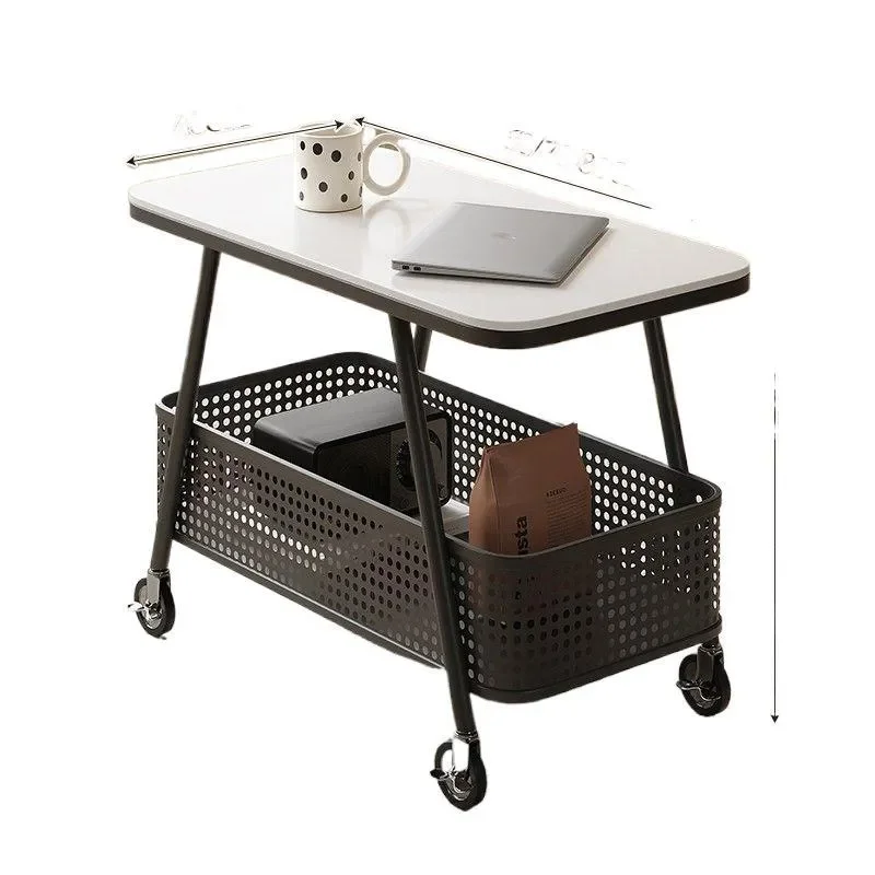 Cream Style Mobile Side Table with Tempered Glass and Sintered Stone Top Small Rolling Coffee Cart for Living Room Bedroom