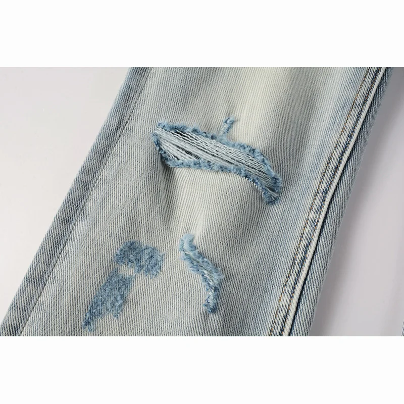 New Arrivals Men\'s Distressed Light Blue American Fashion Style High Streetwear Stretch Skinny Ripped Holes Jeans