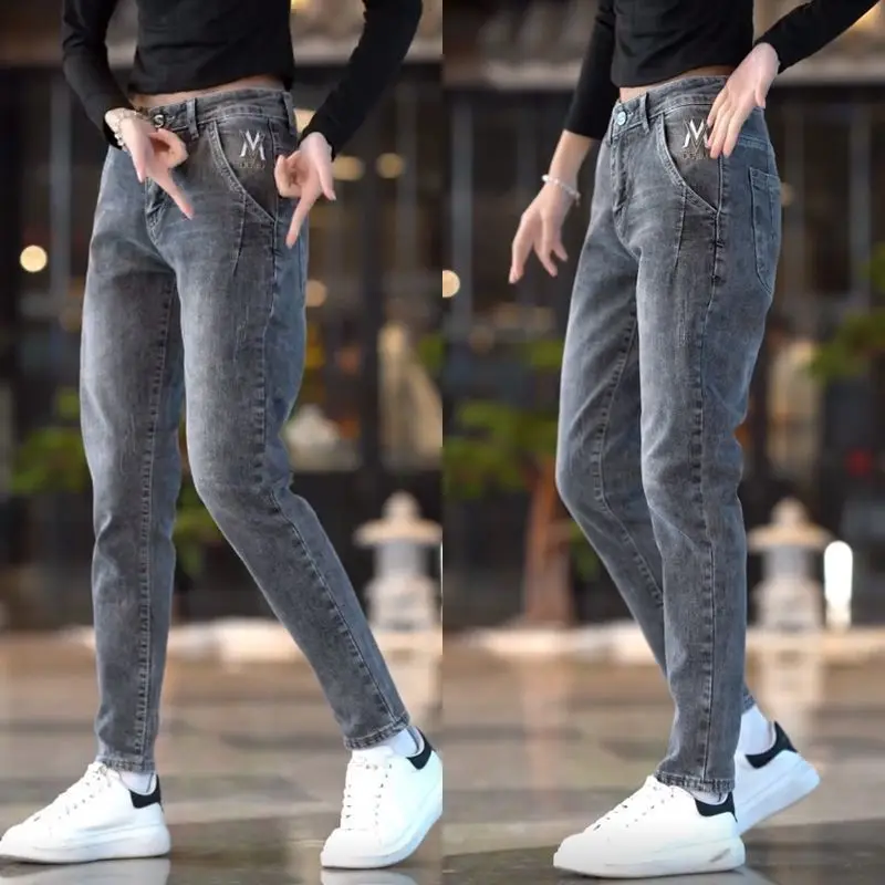 

Men's Jeans Spring Summer New Fashion Slim-fit Small Feet Casual Splicing Diagonal Pocket Embroidered Trousers Denim Cargo Jeans