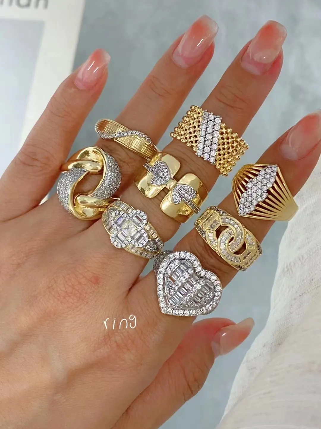 5pcs, Classic Irregular Statement Rings Copper Gold Silver Plated Crystal Zirconia Open Adjustable Ring Women Jewelry