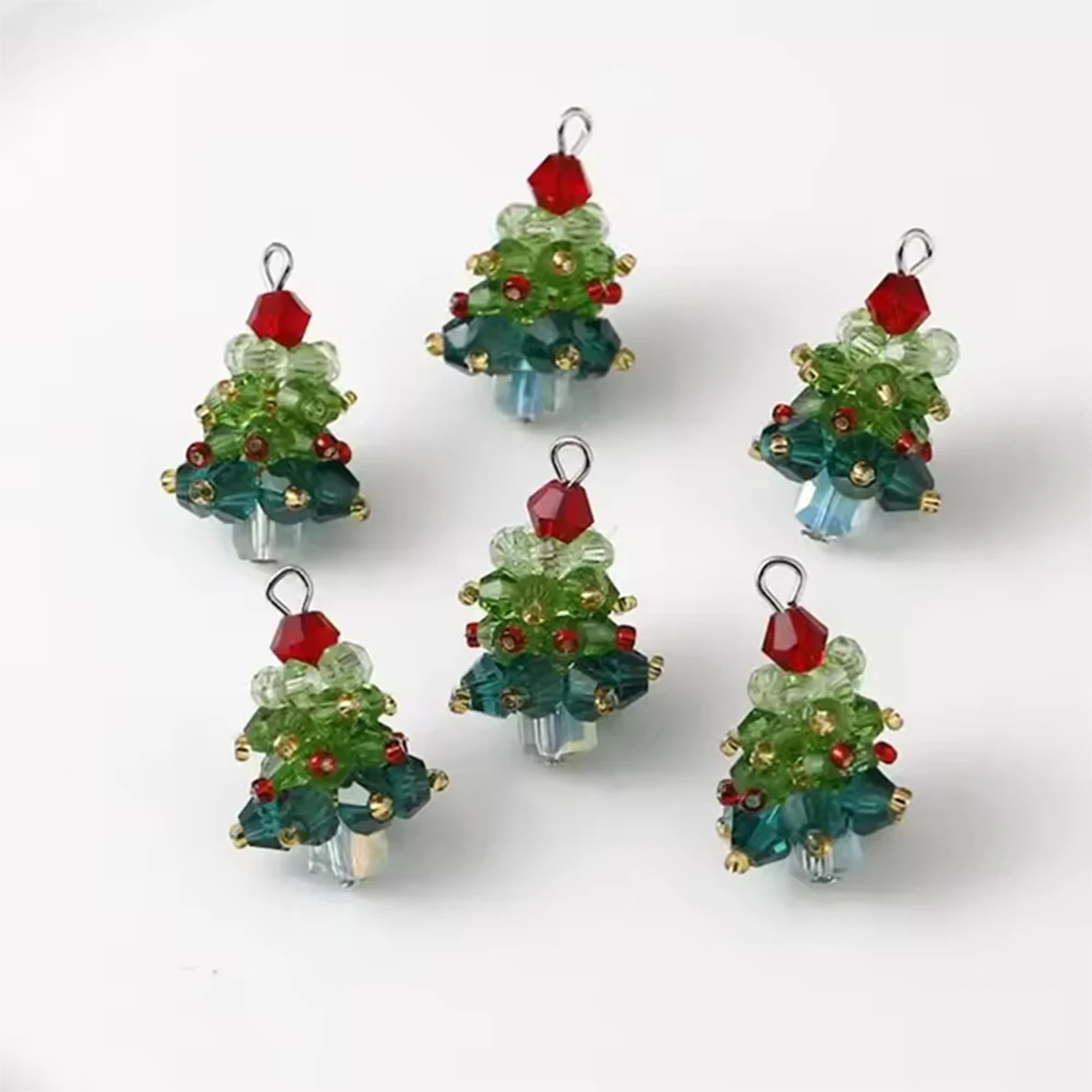 6PCS/SET Winter Christmas Tree Charms Beaded Crystal Glass Handmade Woven For Earrings And Necklace Diy Making Jewelry Gifts