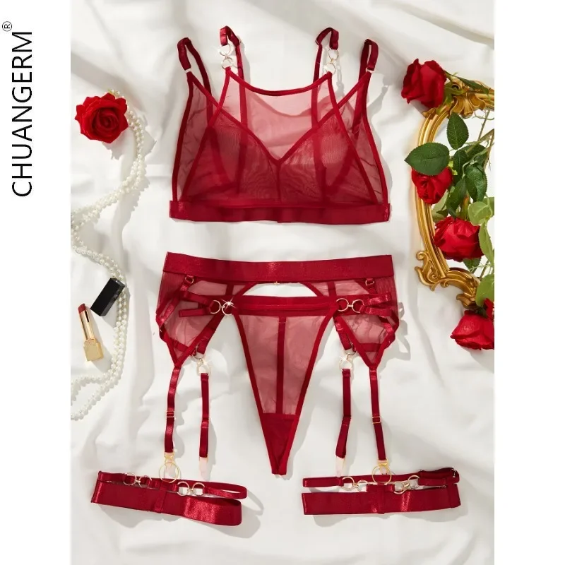 CHUANGERM Sexy Outfits Lingerie Claret Female Underwear Double Layer Perspective Erotic Mesh Four Piece Set Women's Intimates