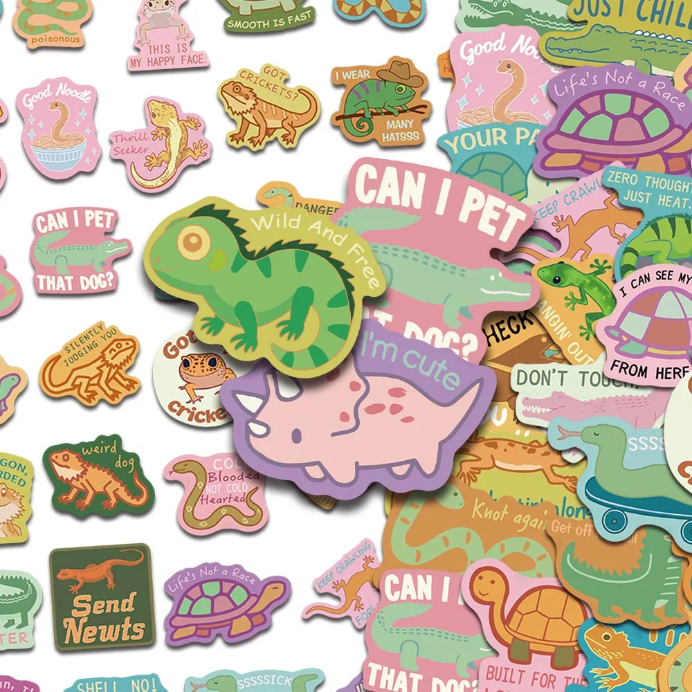 50pcs Cartoon Cute Reptile Stickers Kawaii Funny Animal Pun Quote Decals For Scrapbook Backpack Envelope Magazine DIY Stickers