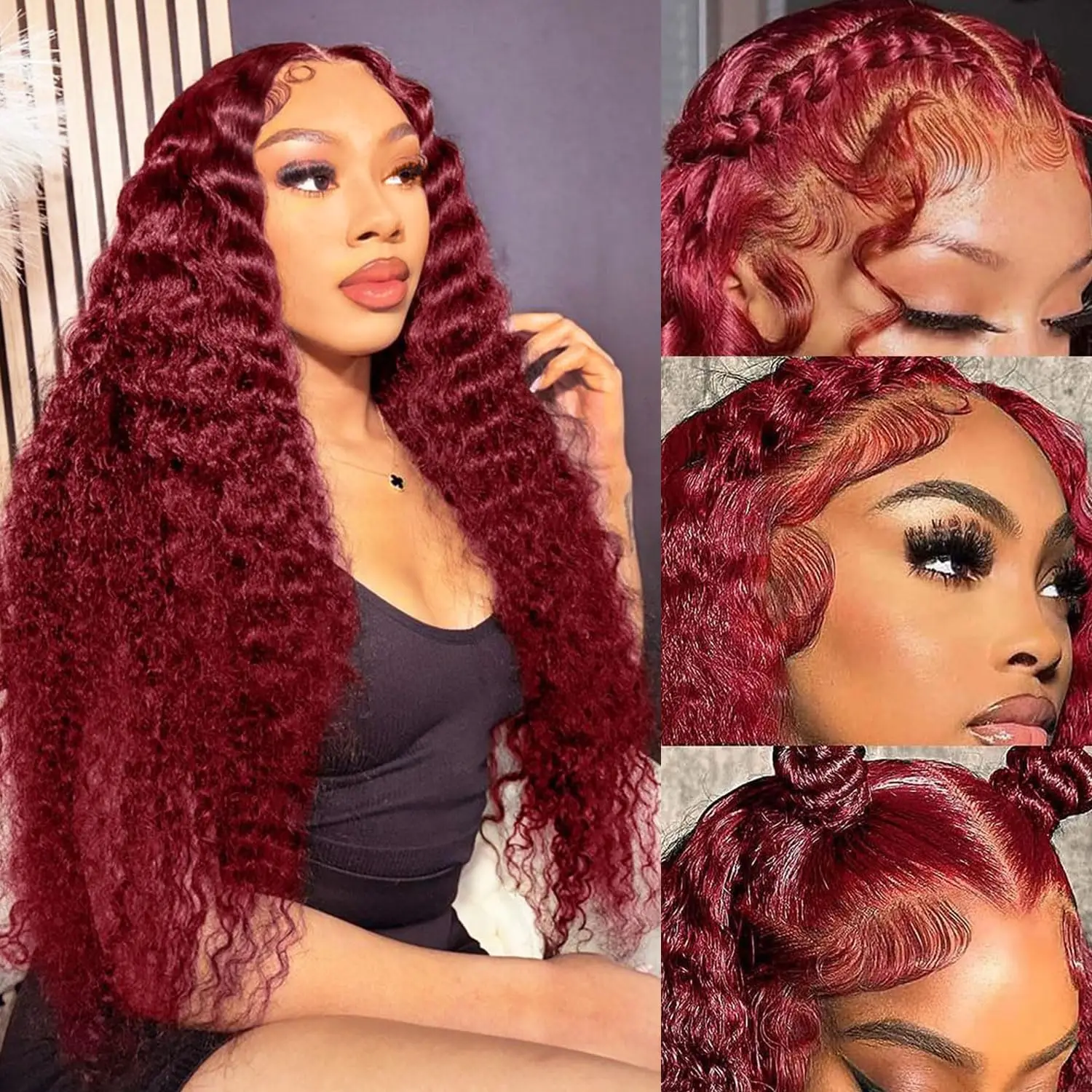 

13x4 99J Глубокая волна HD Кружевные фронтальные парики Бордовые человеческие волосы Предварительно выщипанные Глубокие вьющиеся мокрые и волнистые Win Красный цветной парик фронта шнурка