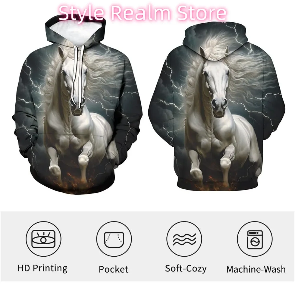رجل الجدة الأبيض الحصان هوديس 3D نمط المطبوعة الحيوان طويلة الأكمام البلوز هوديي