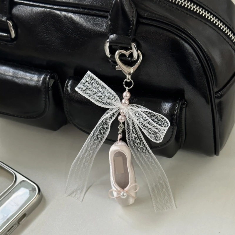 Graceful Ballet Shoe Keychain Embellished With Lace Bowknot And Pearls For Versatile Keyrings On Bags Or Keys