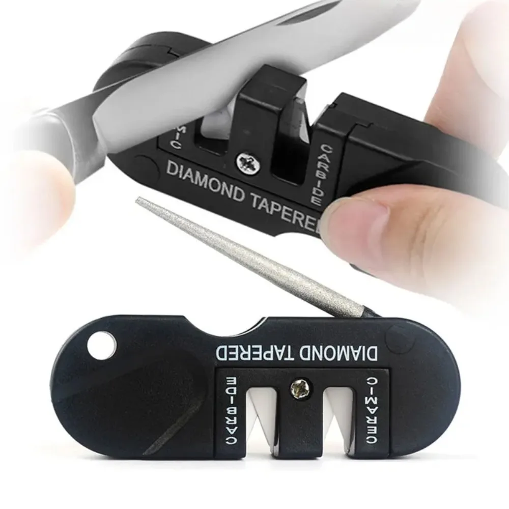 Afilador de cuchillos multifunción 4 en 1, piedra afiladora plegable de bolsillo con 3 etapas de cerámica, carburo y diamante cónico